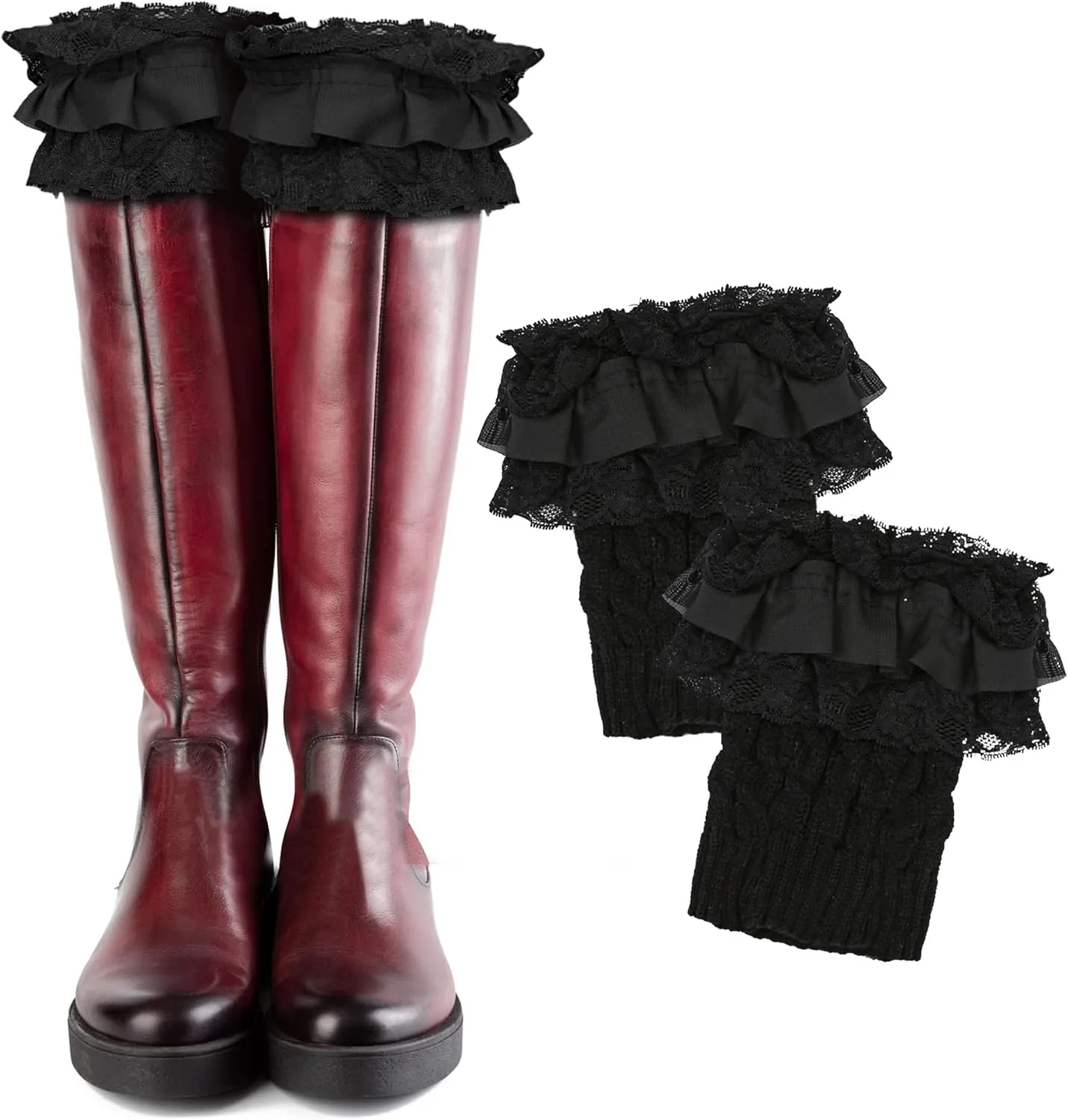 1 Pair of Womens Knit Boot Cuff Socks  Crochet Lace Trim Leg Warmers Toppers, Short Stretch Knitted Cuffs for Women, Solid Color Winter Warm Cuff Topper Gift (Black)