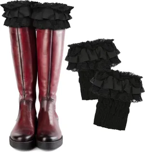 1 Pair of Womens Knit Boot Cuff Socks  Crochet Lace Trim Leg Warmers Toppers, Short Stretch Knitted Cuffs for Women, Solid Color Winter Warm Cuff Topper Gift (Black)