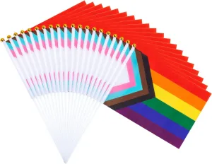 50 Pack Progress Rainbow Pride Small Hand Held Flag for Parades, Gay Stick USA American Rainbow Festival
