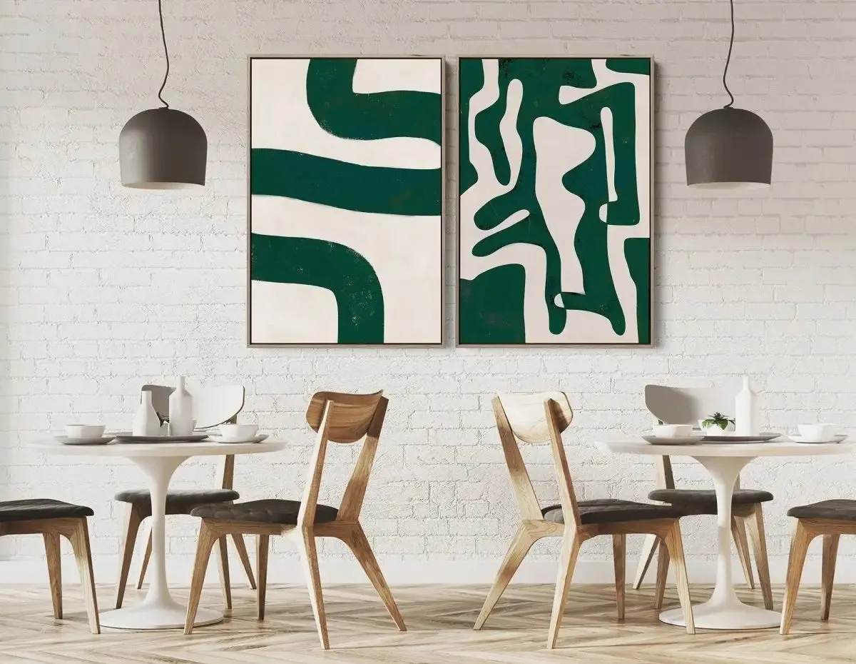 A Curious Journey- Two Piece Green Boho Contemporary Abstract Geometric Print Set on Canvas or Art Prints