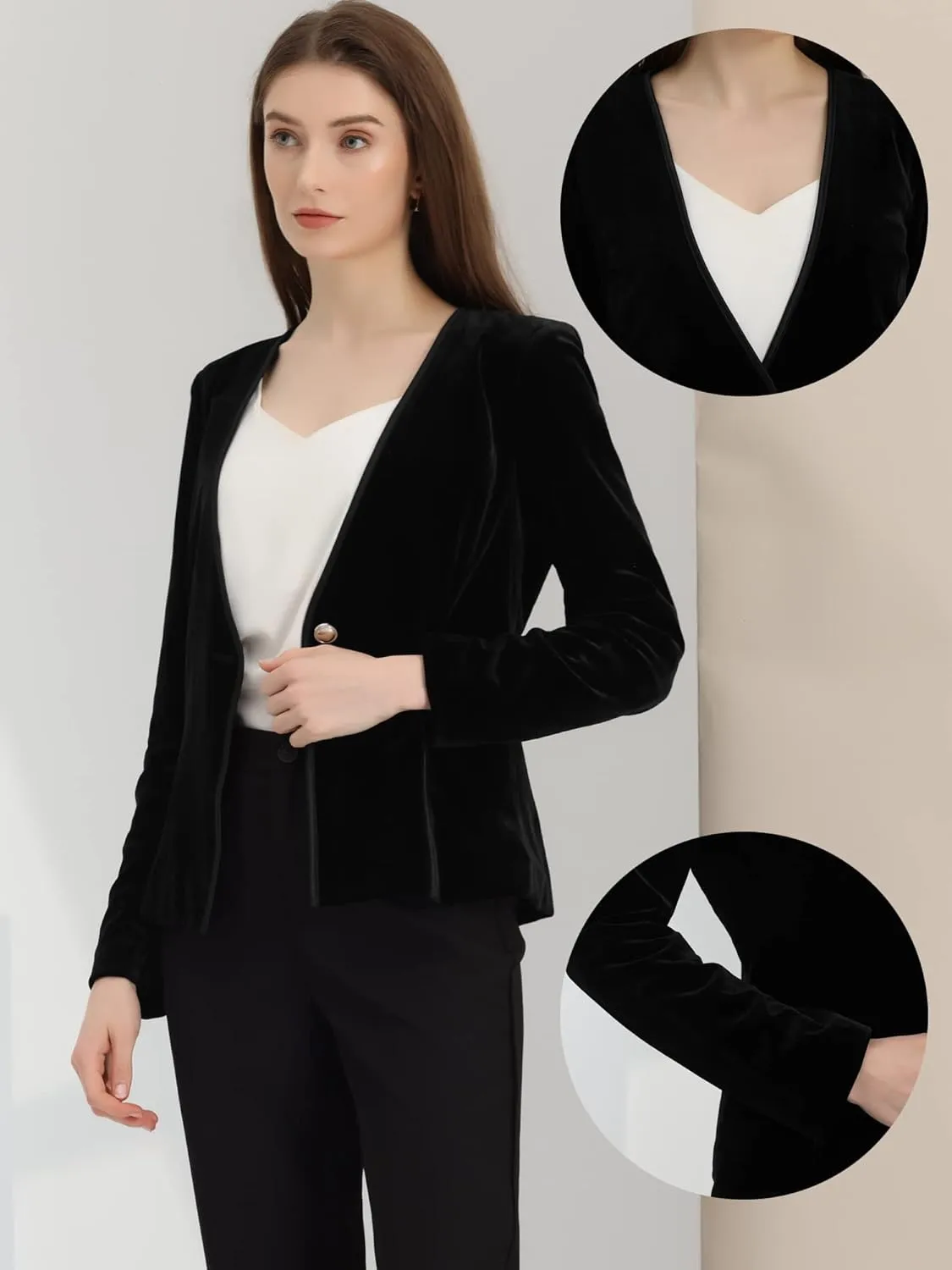 Allegra K Blazaer for Women's Long Sleeve Office Collarless 1 Button Velvet Blazer