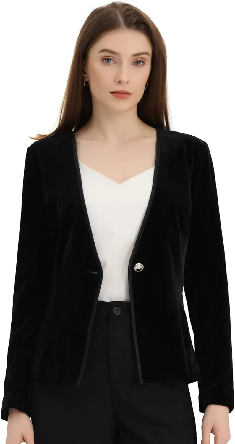 Allegra K Blazaer for Women's Long Sleeve Office Collarless 1 Button Velvet Blazer