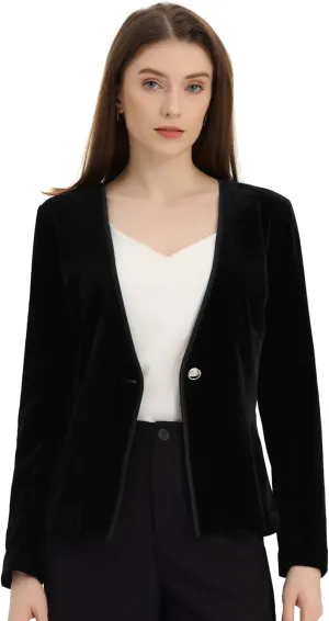 Allegra K Blazaer for Women's Long Sleeve Office Collarless 1 Button Velvet Blazer