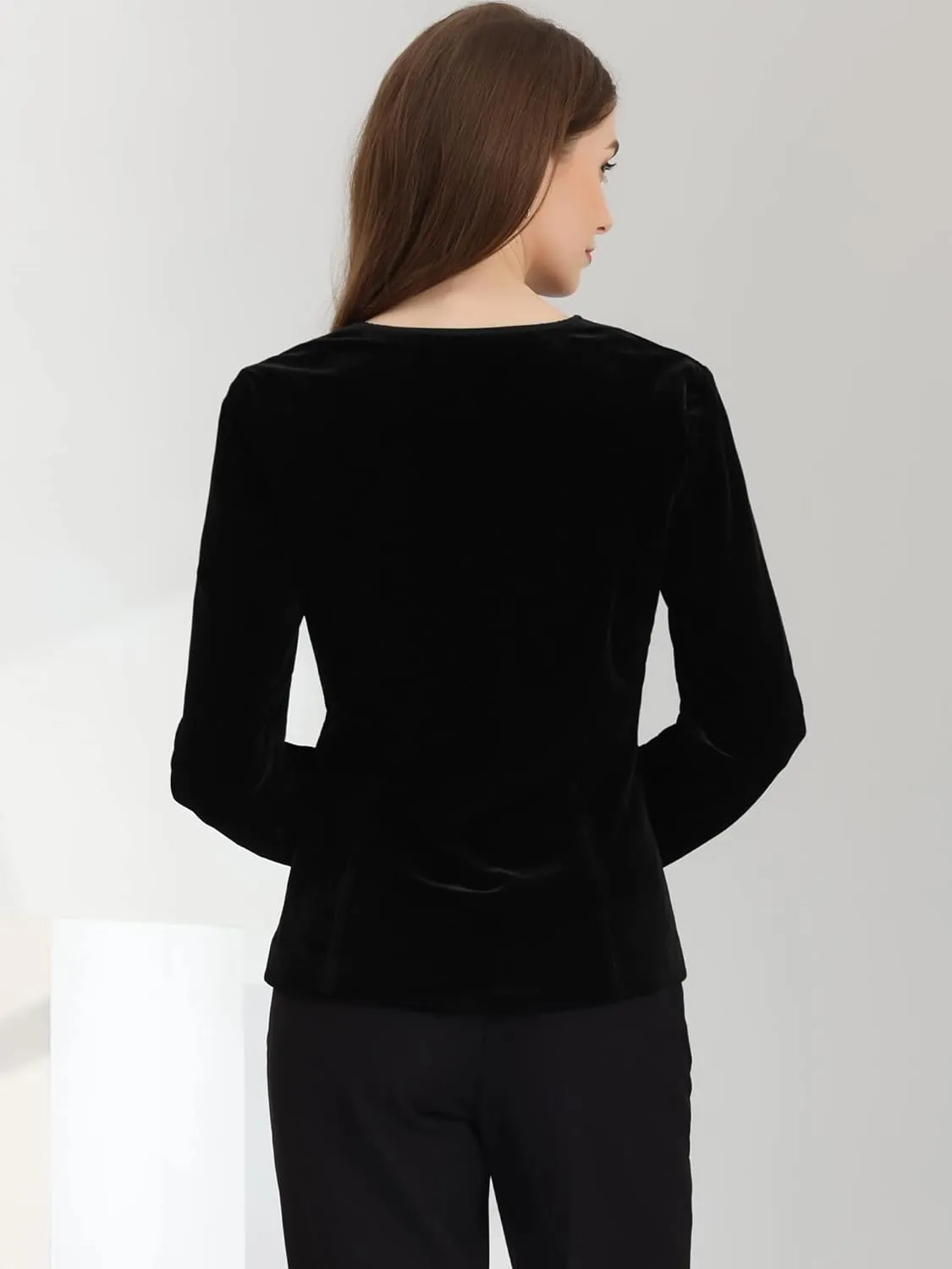 Allegra K Blazaer for Women's Long Sleeve Office Collarless 1 Button Velvet Blazer