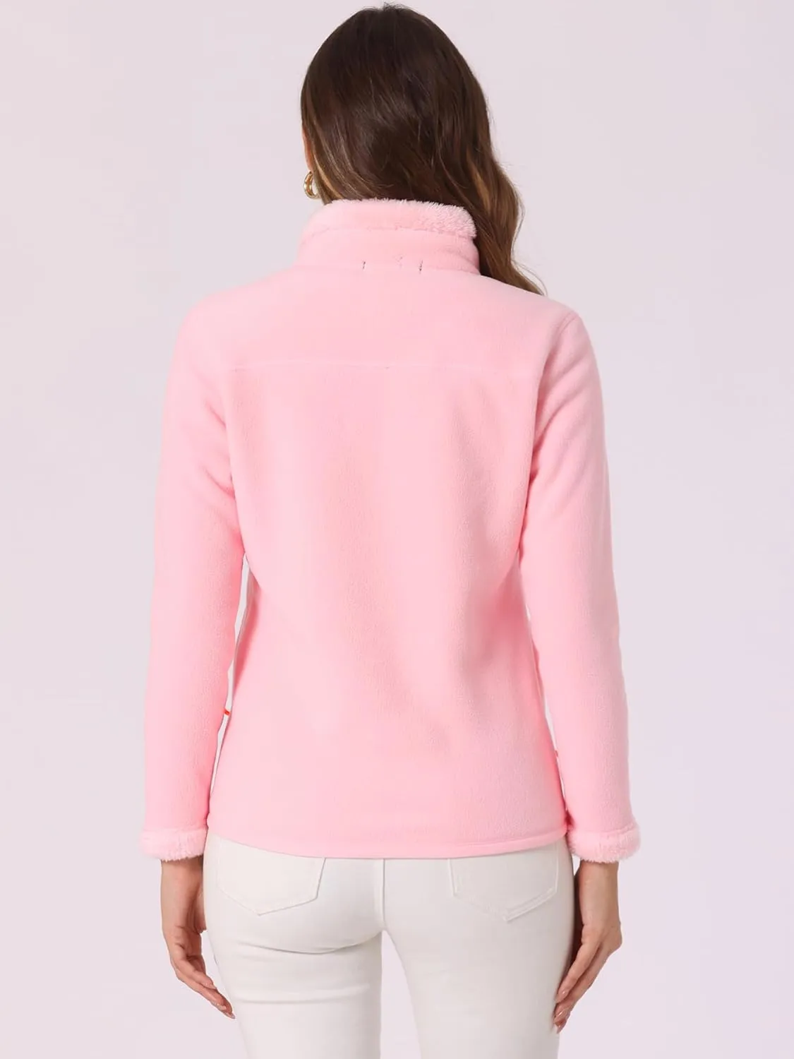 Allegra K Full Zip Fleece Jacket for Women's Long Sleeve High Neck Jacket Winter Warm Coat
