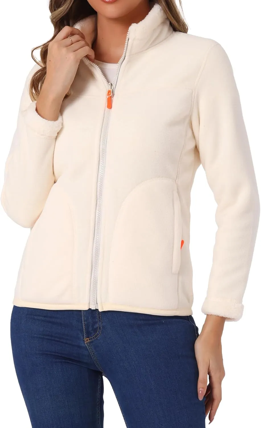 Allegra K Full Zip Fleece Jacket for Women's Long Sleeve High Neck Jacket Winter Warm Coat