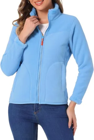 Allegra K Full Zip Fleece Jacket for Women's Long Sleeve High Neck Jacket Winter Warm Coat