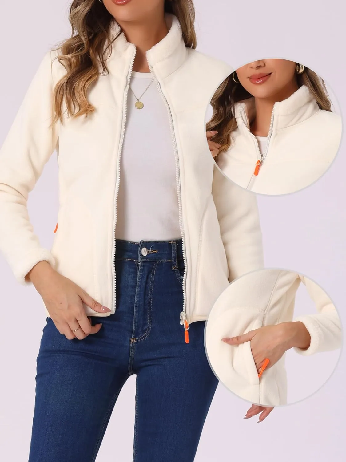 Allegra K Full Zip Fleece Jacket for Women's Long Sleeve High Neck Jacket Winter Warm Coat