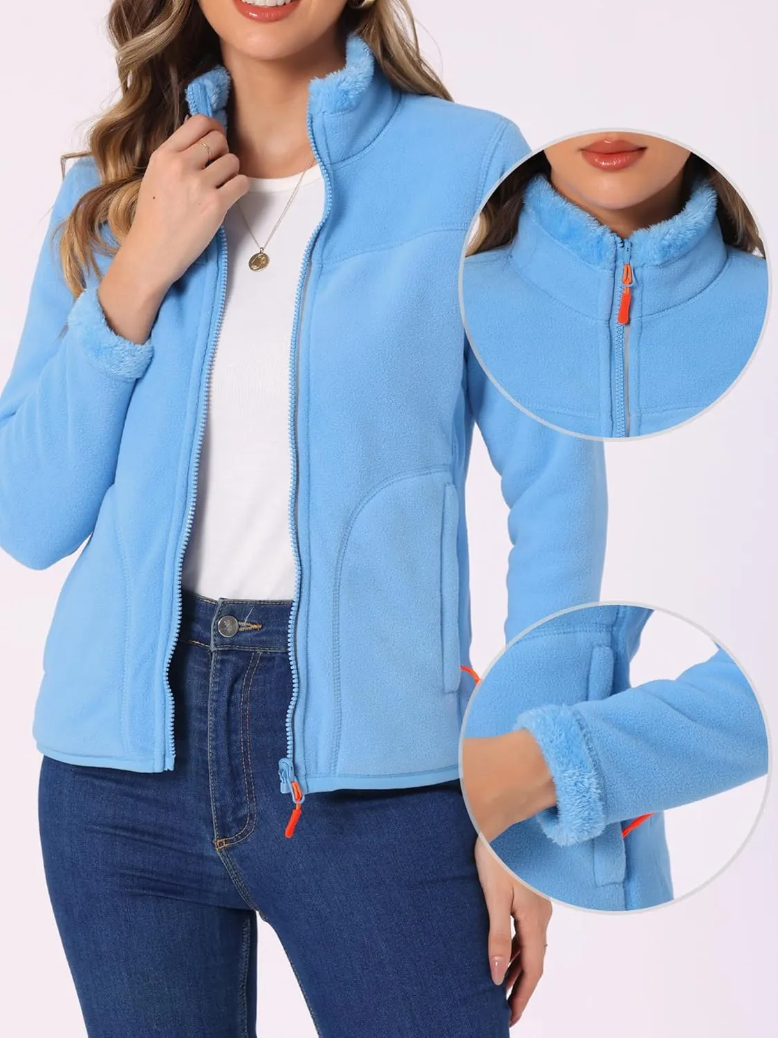 Allegra K Full Zip Fleece Jacket for Women's Long Sleeve High Neck Jacket Winter Warm Coat