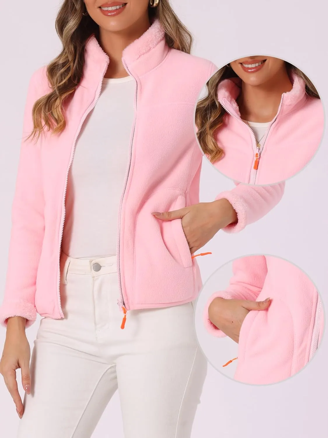 Allegra K Full Zip Fleece Jacket for Women's Long Sleeve High Neck Jacket Winter Warm Coat
