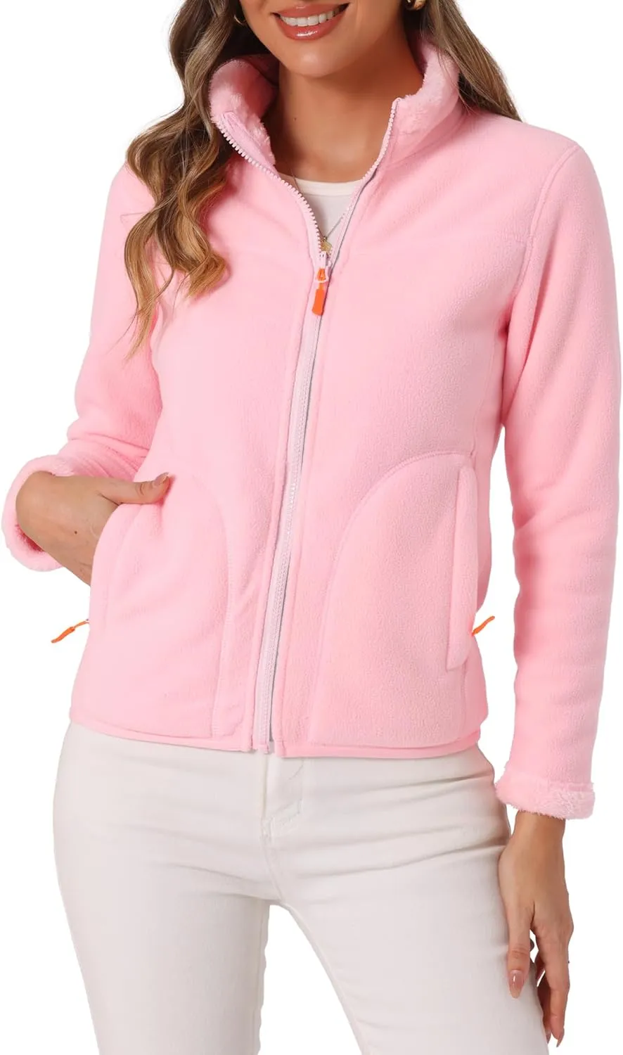 Allegra K Full Zip Fleece Jacket for Women's Long Sleeve High Neck Jacket Winter Warm Coat