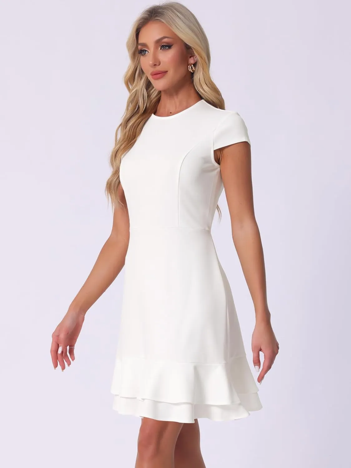 Allegra K Women's Cap Sleeves Round Neck Tiered Ruffled Hem Above Knee Dress
