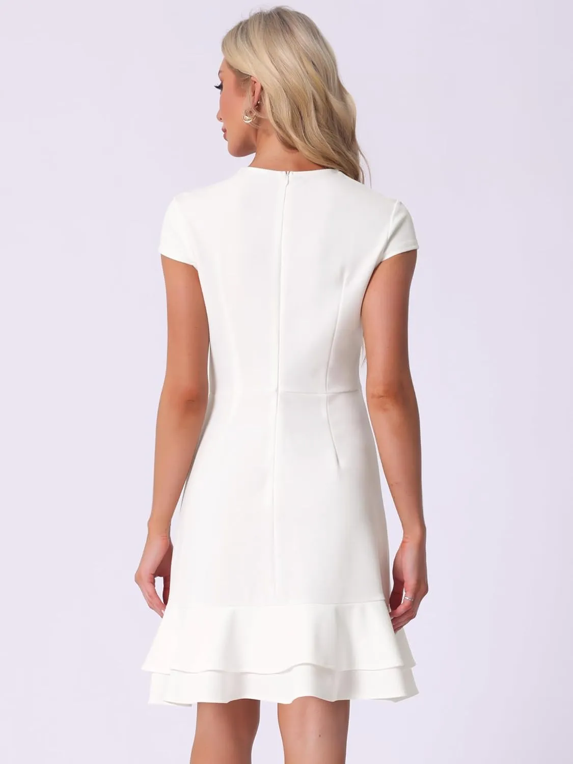 Allegra K Women's Cap Sleeves Round Neck Tiered Ruffled Hem Above Knee Dress