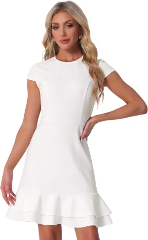 Allegra K Women's Cap Sleeves Round Neck Tiered Ruffled Hem Above Knee Dress