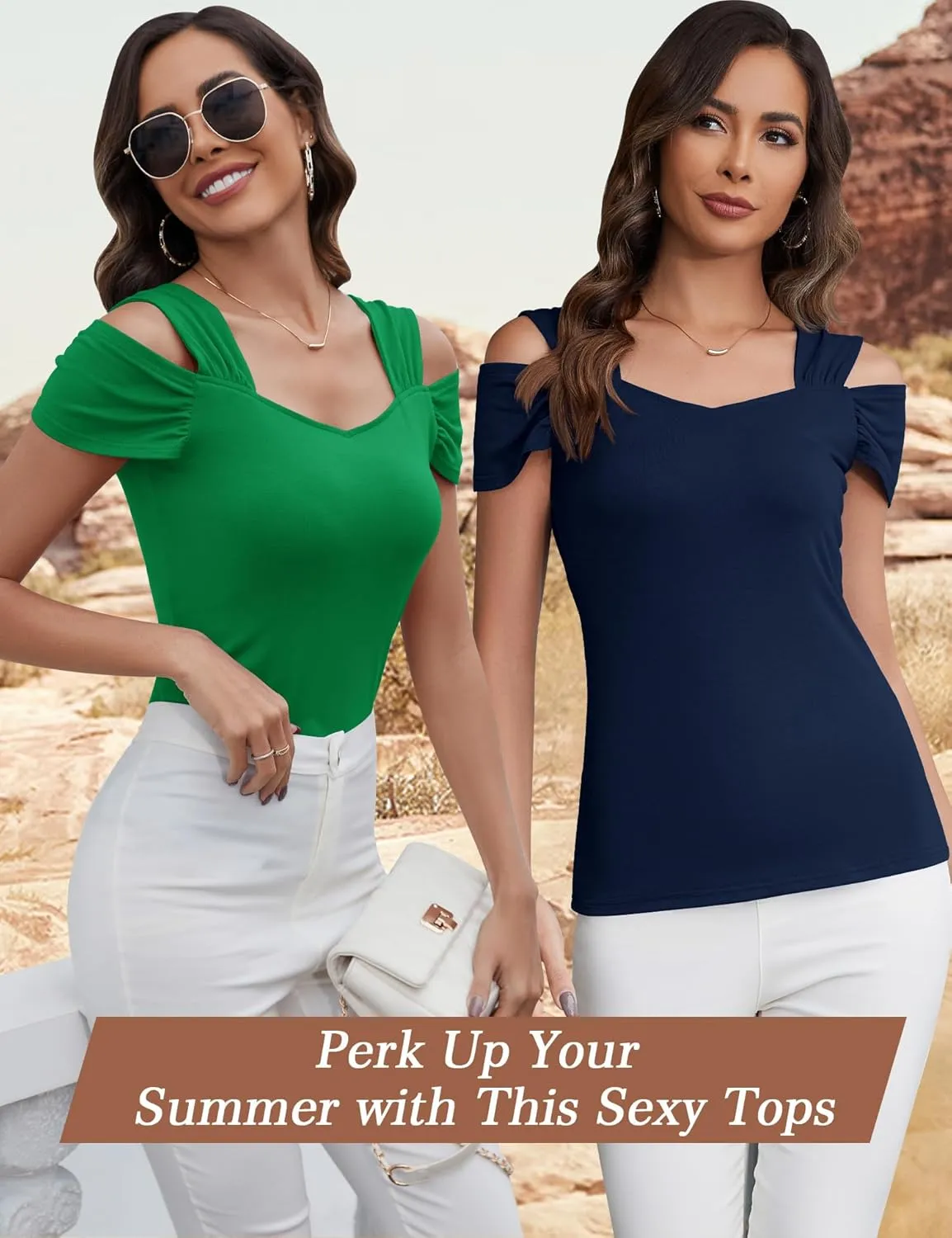 Blingfit Cold Shoulder Tops Tunic Summer Slim Fit Shirts for Women V Neck Short Sleeve Casual Tees Workout Tops