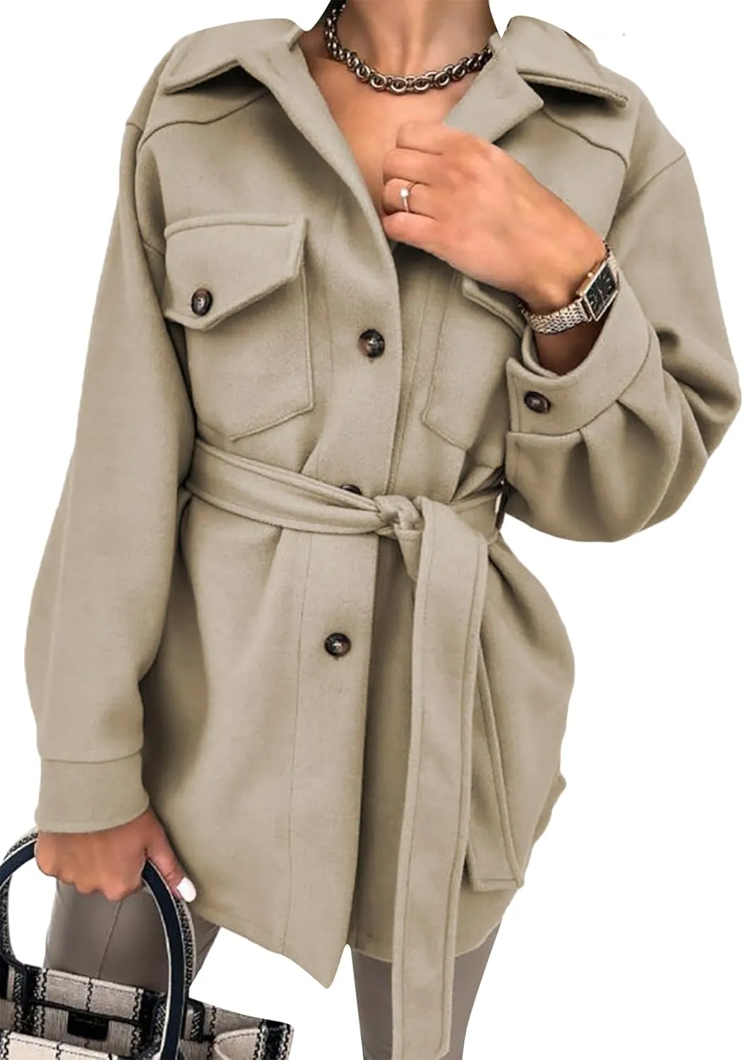 BOFETA Women's Shirt Collar Single Breasted Coat Winter Long Casual Belted Coat With Pocket