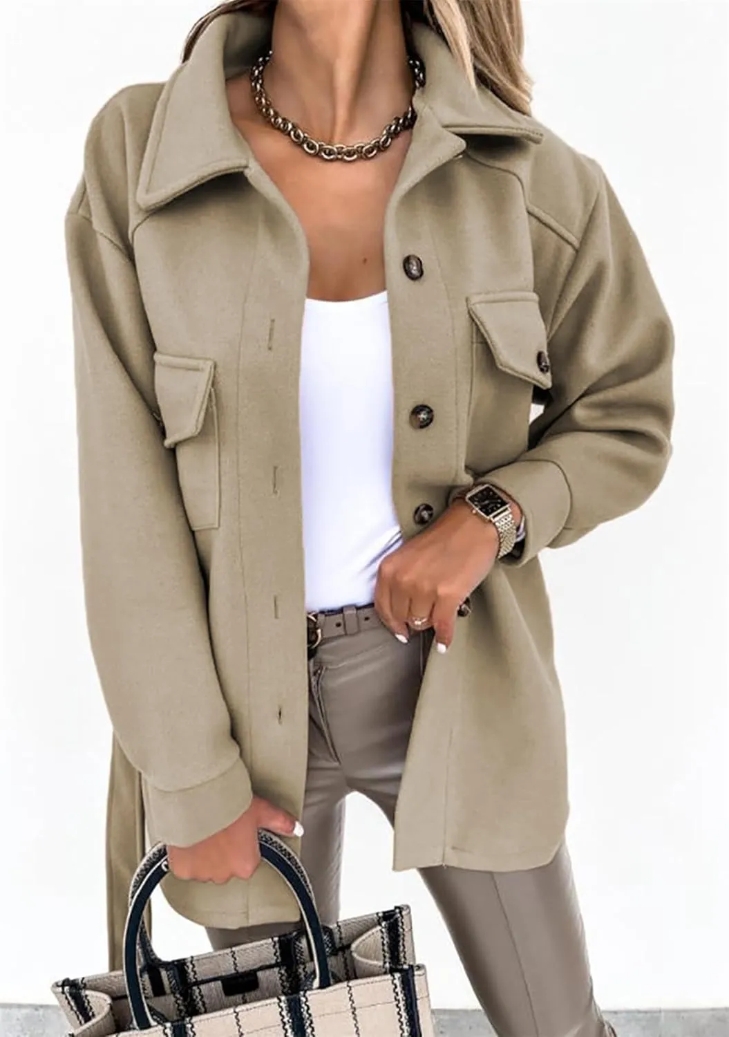 BOFETA Women's Shirt Collar Single Breasted Coat Winter Long Casual Belted Coat With Pocket