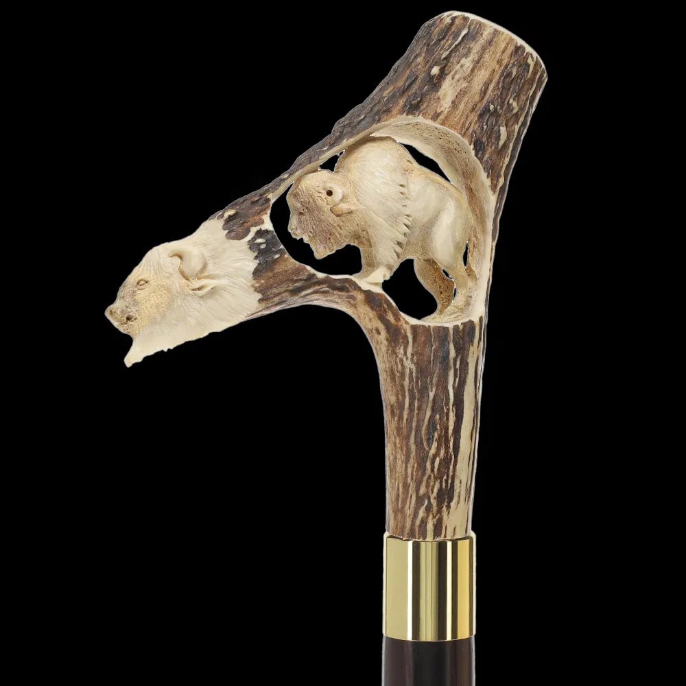 Carved Bison Antler Buffalo Bone: Collector Cane - Limited Supply