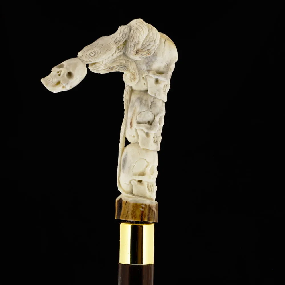 Carved Cycle of Life: Skull/Snake Bone Handle Cane - Limited Supply