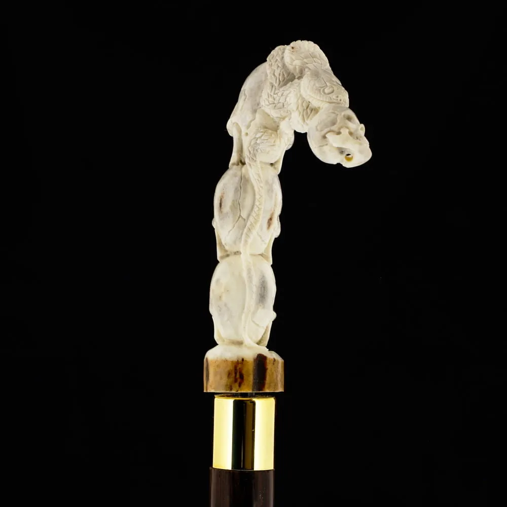 Carved Cycle of Life: Skull/Snake Bone Handle Cane - Limited Supply
