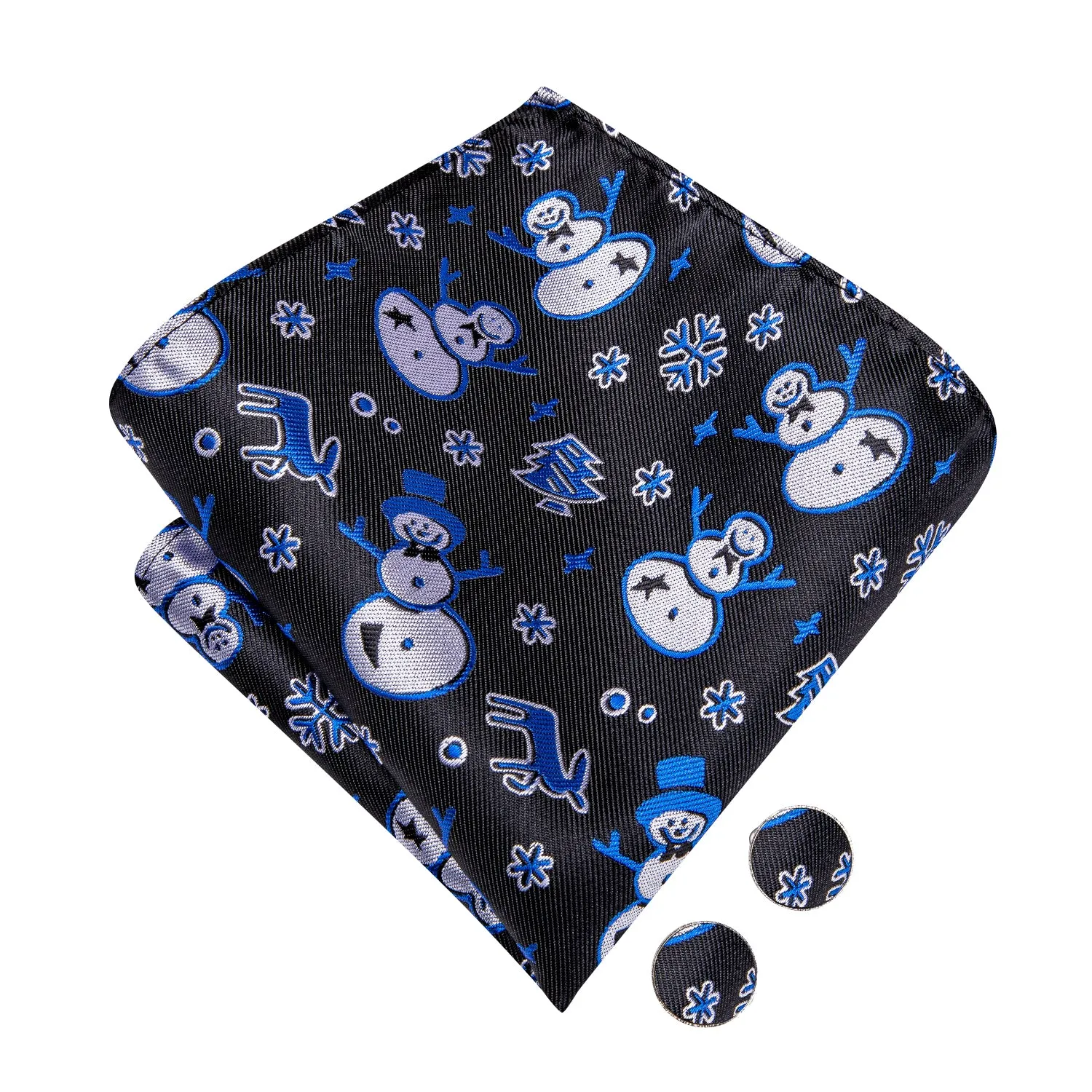 Christmas Black Blue Snowman Pre-tied Bow Tie Hanky Cufflinks Set