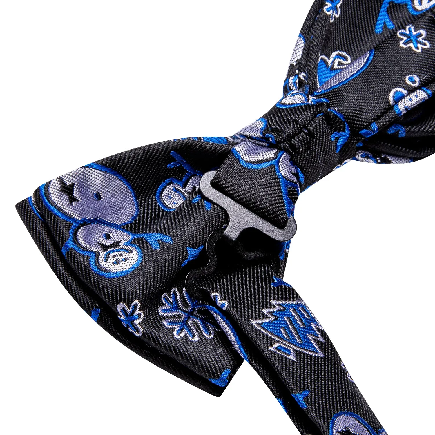 Christmas Black Blue Snowman Pre-tied Bow Tie Hanky Cufflinks Set