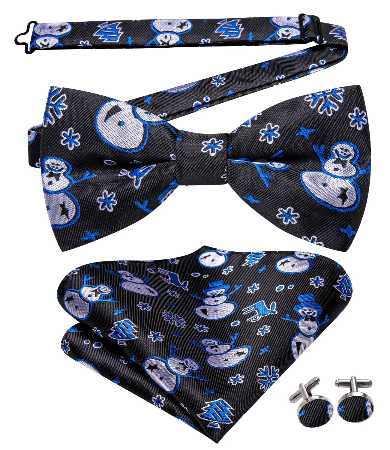 Christmas Black Blue Snowman Pre-tied Bow Tie Hanky Cufflinks Set