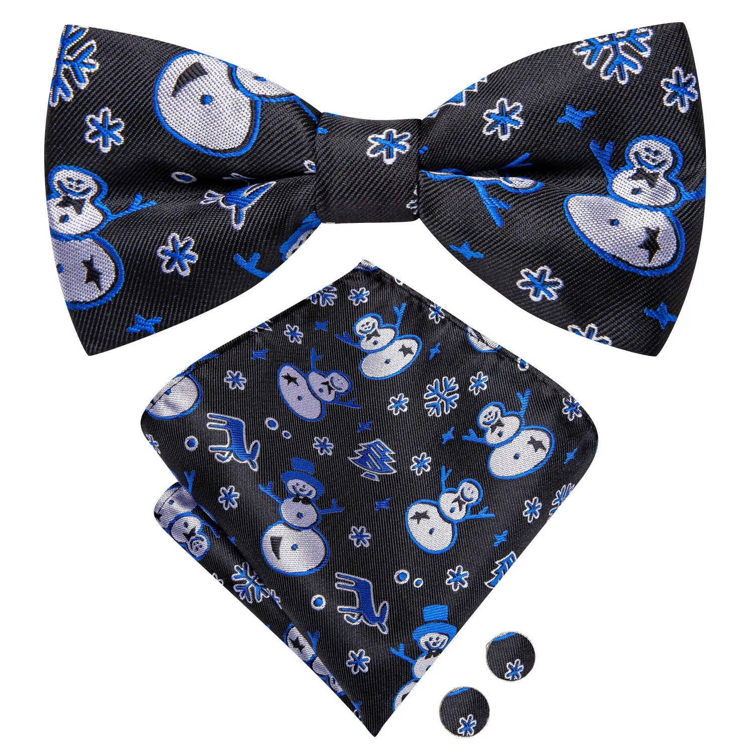 Christmas Black Blue Snowman Pre-tied Bow Tie Hanky Cufflinks Set