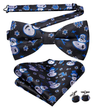 Christmas Black Blue Snowman Pre-tied Bow Tie Hanky Cufflinks Set