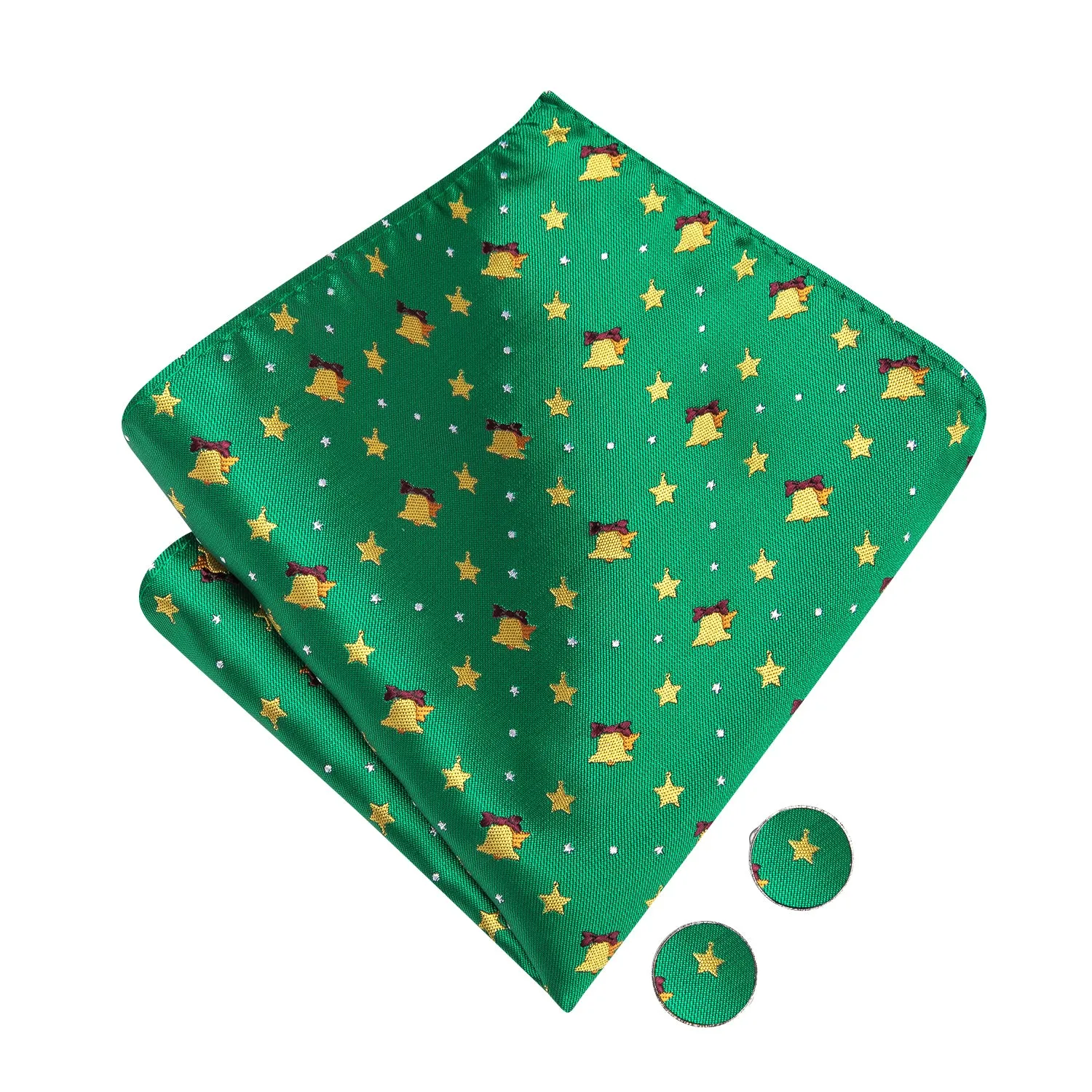 Christmas Green Little Bell Pre-tied Bow Tie Hanky Cufflinks Set