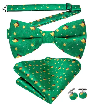 Christmas Green Little Bell Pre-tied Bow Tie Hanky Cufflinks Set