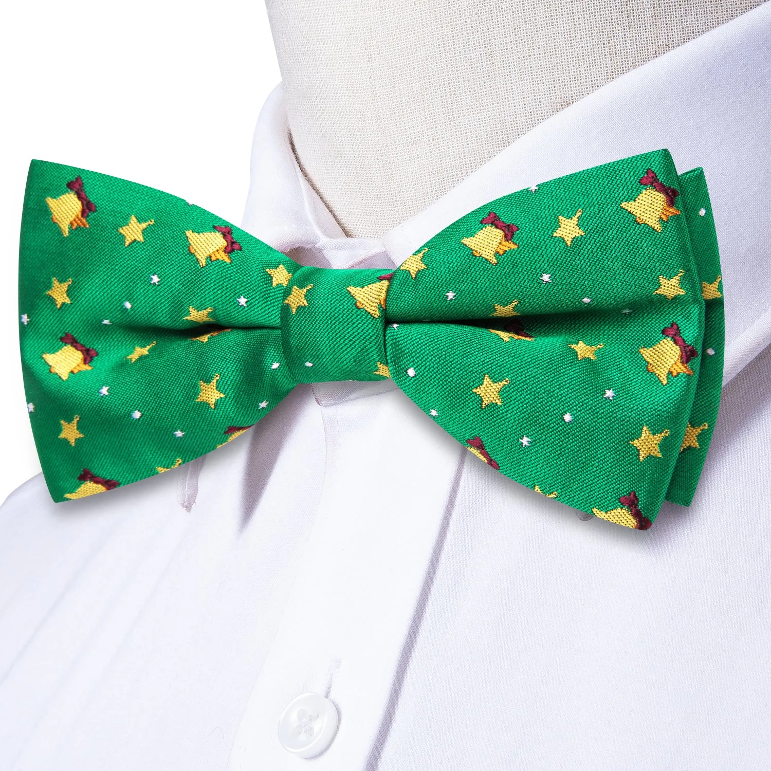 Christmas Green Little Bell Pre-tied Bow Tie Hanky Cufflinks Set