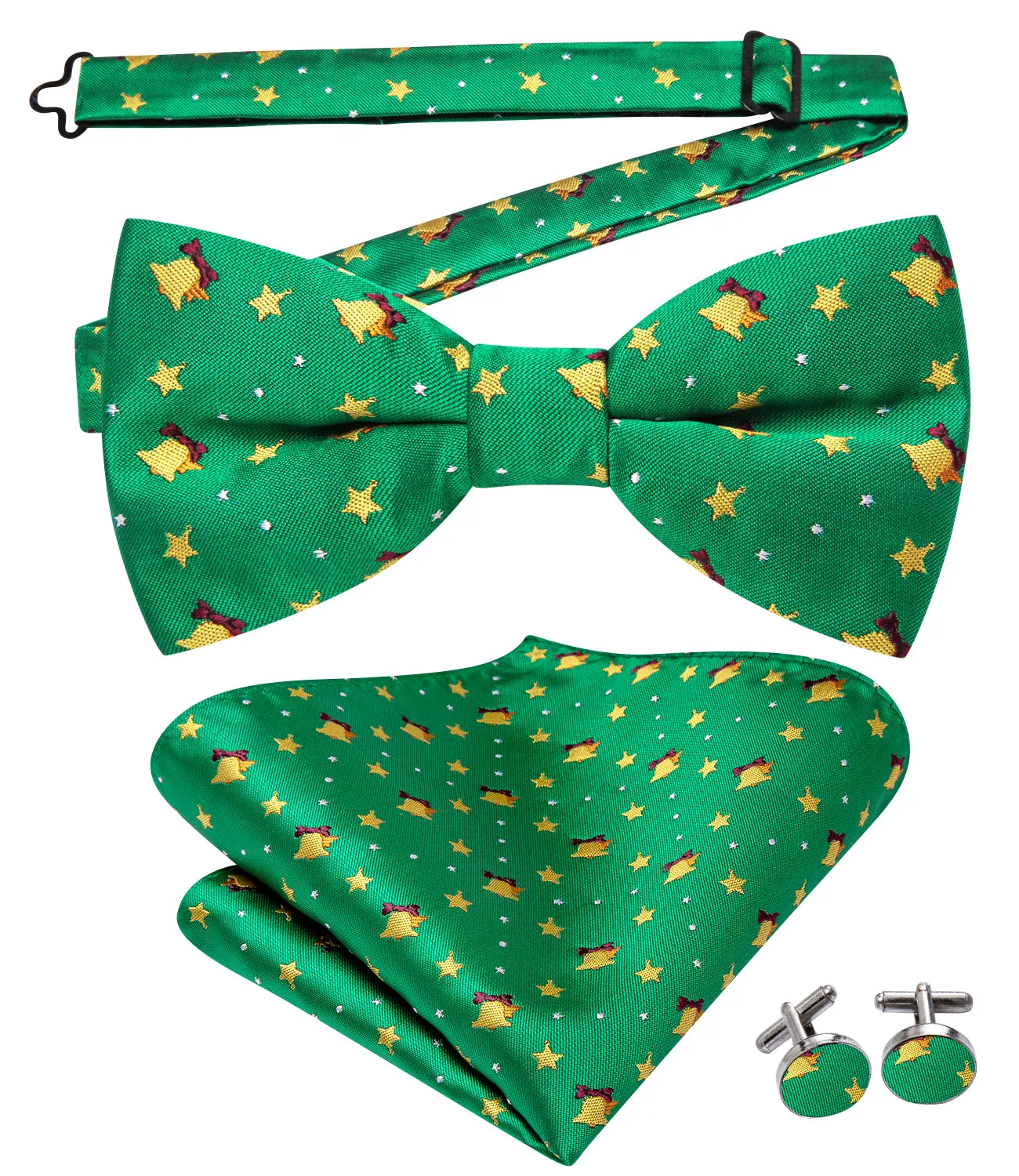 Christmas Green Little Bell Pre-tied Bow Tie Hanky Cufflinks Set