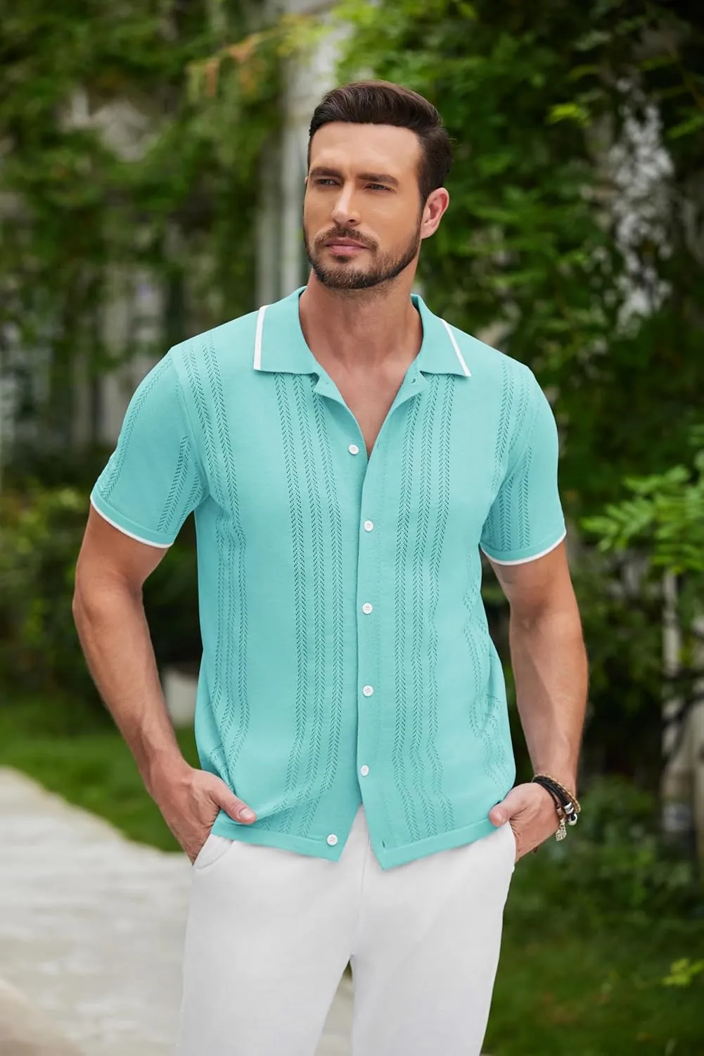 COOFANDY Men's Knit Button Down Shirt Vintage Short Sleeve Polo Shirts Casual Beach Tops