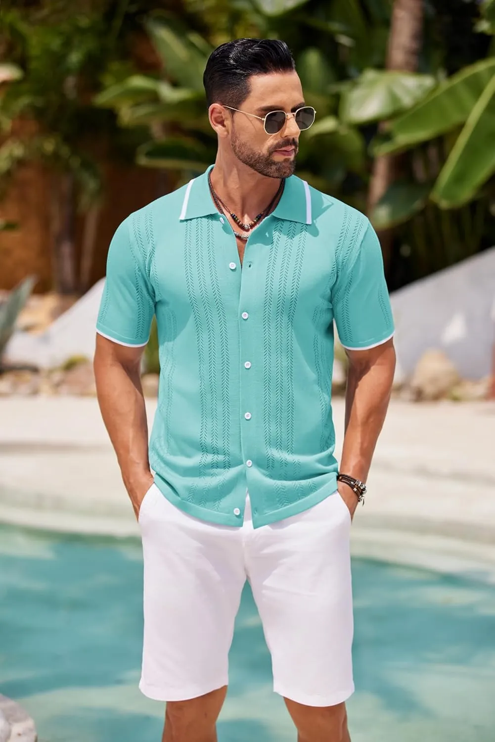COOFANDY Men's Knit Button Down Shirt Vintage Short Sleeve Polo Shirts Casual Beach Tops