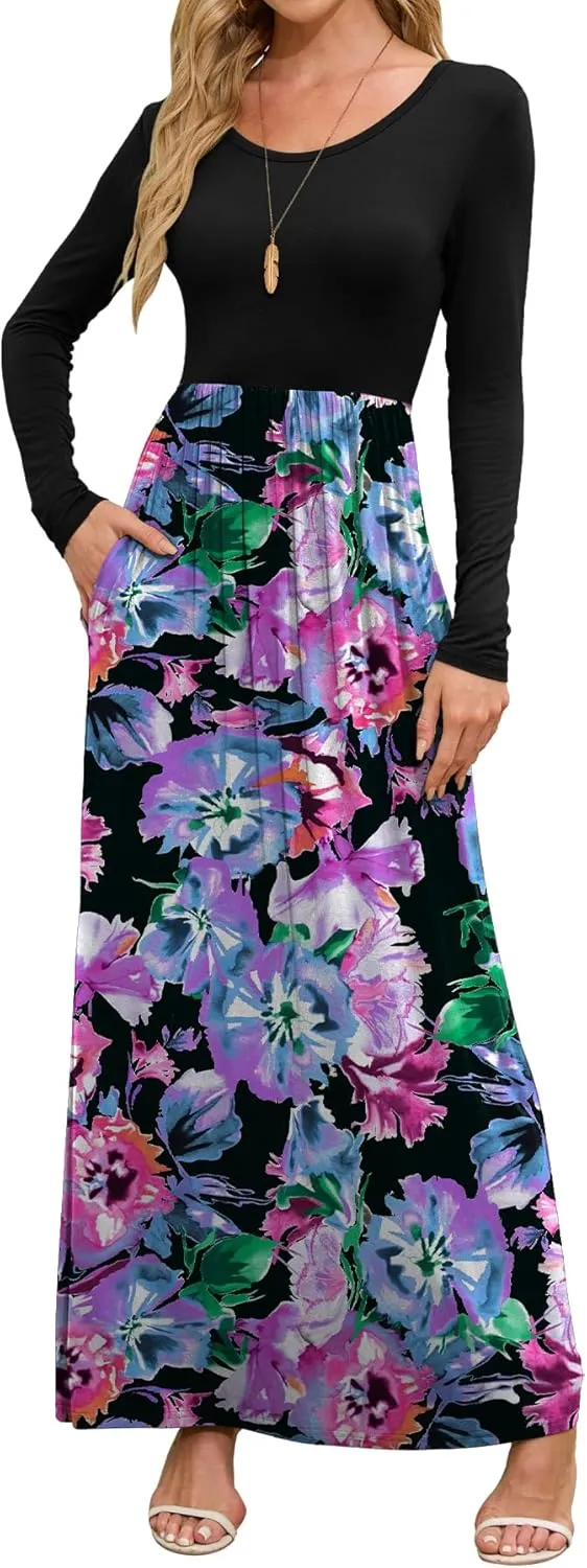 DEARCASE Women's Maxi Dress Long Sleeve Crewneck Loose Plain Casual Empire Waist Fall Party Long Dresses with Pockets