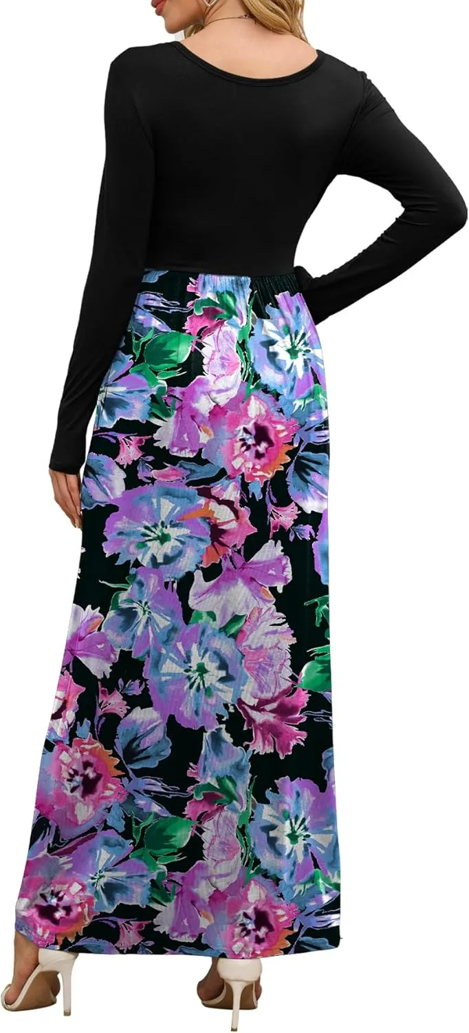 DEARCASE Women's Maxi Dress Long Sleeve Crewneck Loose Plain Casual Empire Waist Fall Party Long Dresses with Pockets