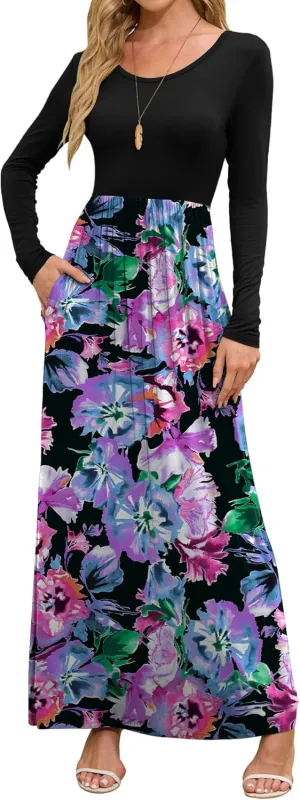 DEARCASE Women's Maxi Dress Long Sleeve Crewneck Loose Plain Casual Empire Waist Fall Party Long Dresses with Pockets