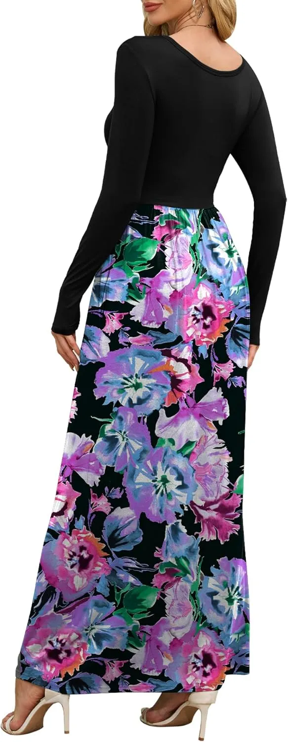DEARCASE Women's Maxi Dress Long Sleeve Crewneck Loose Plain Casual Empire Waist Fall Party Long Dresses with Pockets