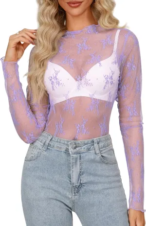 Diosun Womens Mesh Sheer Tops Long/Short Sleeve Mock Neck Sexy See Through Shirts Lace Floral Blouses Y2K Layering Top