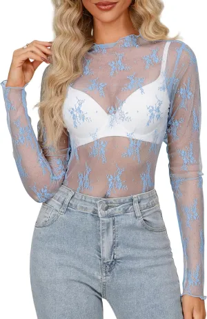 Diosun Womens Mesh Sheer Tops Long/Short Sleeve Mock Neck Sexy See Through Shirts Lace Floral Blouses Y2K Layering Top