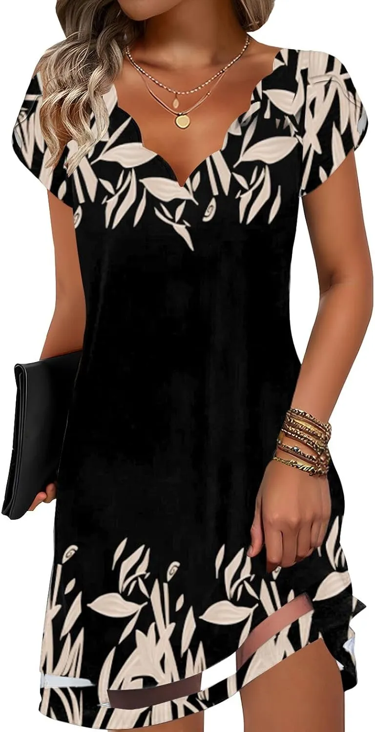 ETCYY NEW Womens Summer Dresses Mesh Hem Petal Short Sleeve Dress Floral Print Daily Sundresses with Pockets