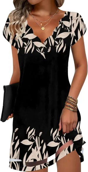ETCYY NEW Womens Summer Dresses Mesh Hem Petal Short Sleeve Dress Floral Print Daily Sundresses with Pockets