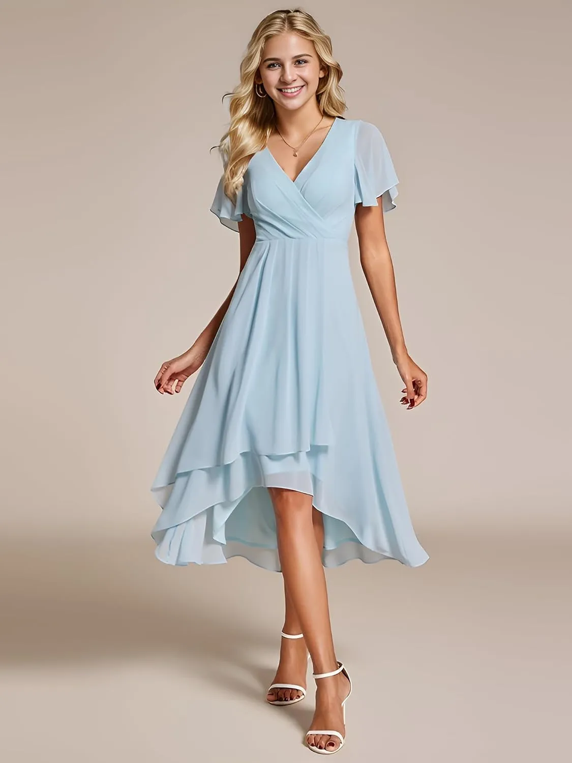 Ever-Pretty Women's Chiffon Formal Dresses V Neck Ruffle Sleeves Pleated High Low Summer Wedding Guest Dress