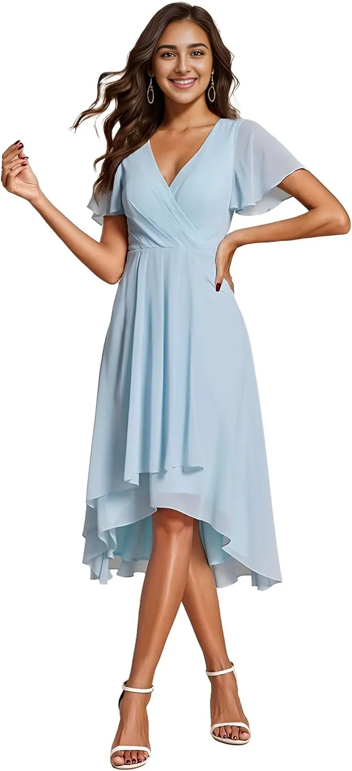 Ever-Pretty Women's Chiffon Formal Dresses V Neck Ruffle Sleeves Pleated High Low Summer Wedding Guest Dress