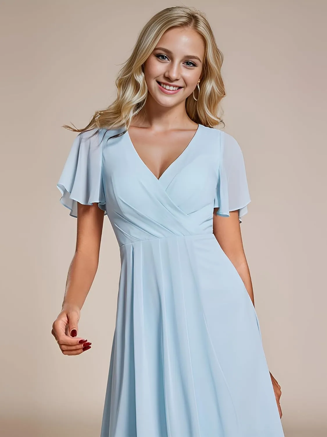 Ever-Pretty Women's Chiffon Formal Dresses V Neck Ruffle Sleeves Pleated High Low Summer Wedding Guest Dress