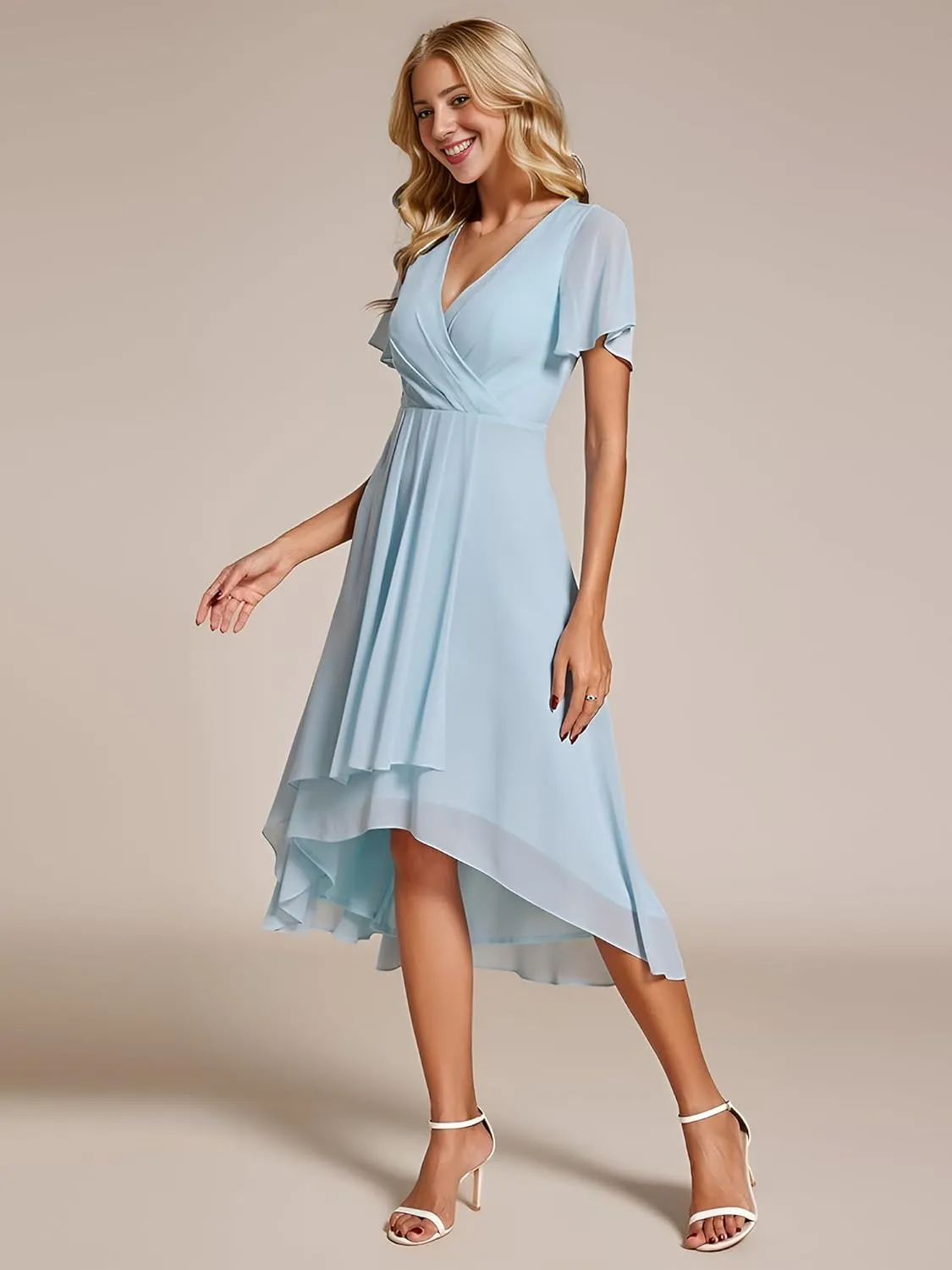 Ever-Pretty Women's Chiffon Formal Dresses V Neck Ruffle Sleeves Pleated High Low Summer Wedding Guest Dress
