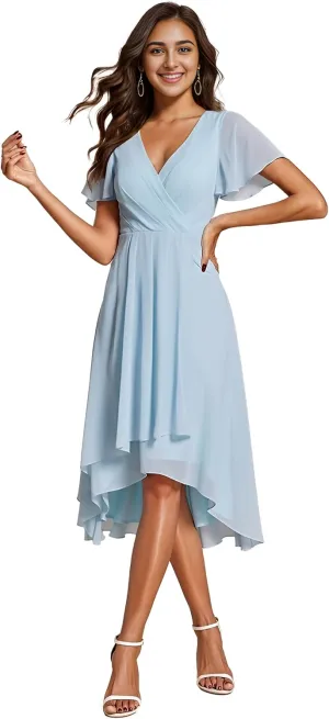 Ever-Pretty Women's Chiffon Formal Dresses V Neck Ruffle Sleeves Pleated High Low Summer Wedding Guest Dress