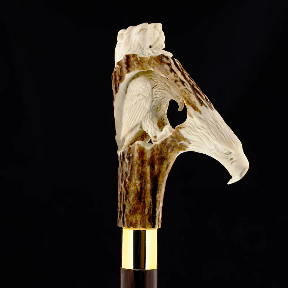 Experience Custom Luxury: Warriors Eagle/Lion Bone Handle Walking Cane with Collar