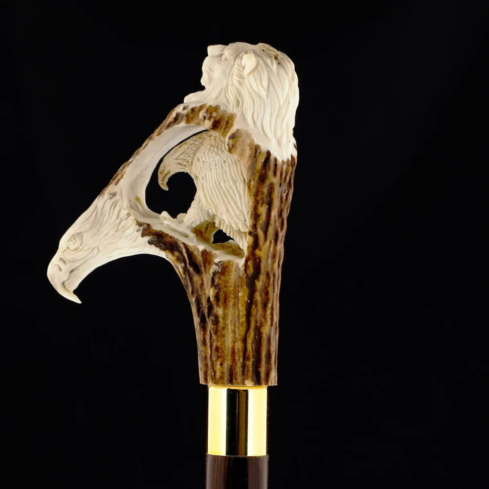 Experience Custom Luxury: Warriors Eagle/Lion Bone Handle Walking Cane with Collar